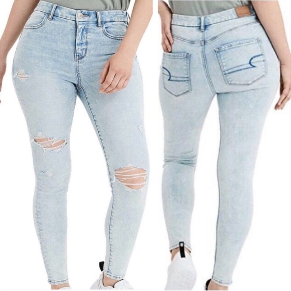 AEO AMERICAN EAGLE Curvy High Rise Denim Jeans Jeggings Distressed Light plus 24